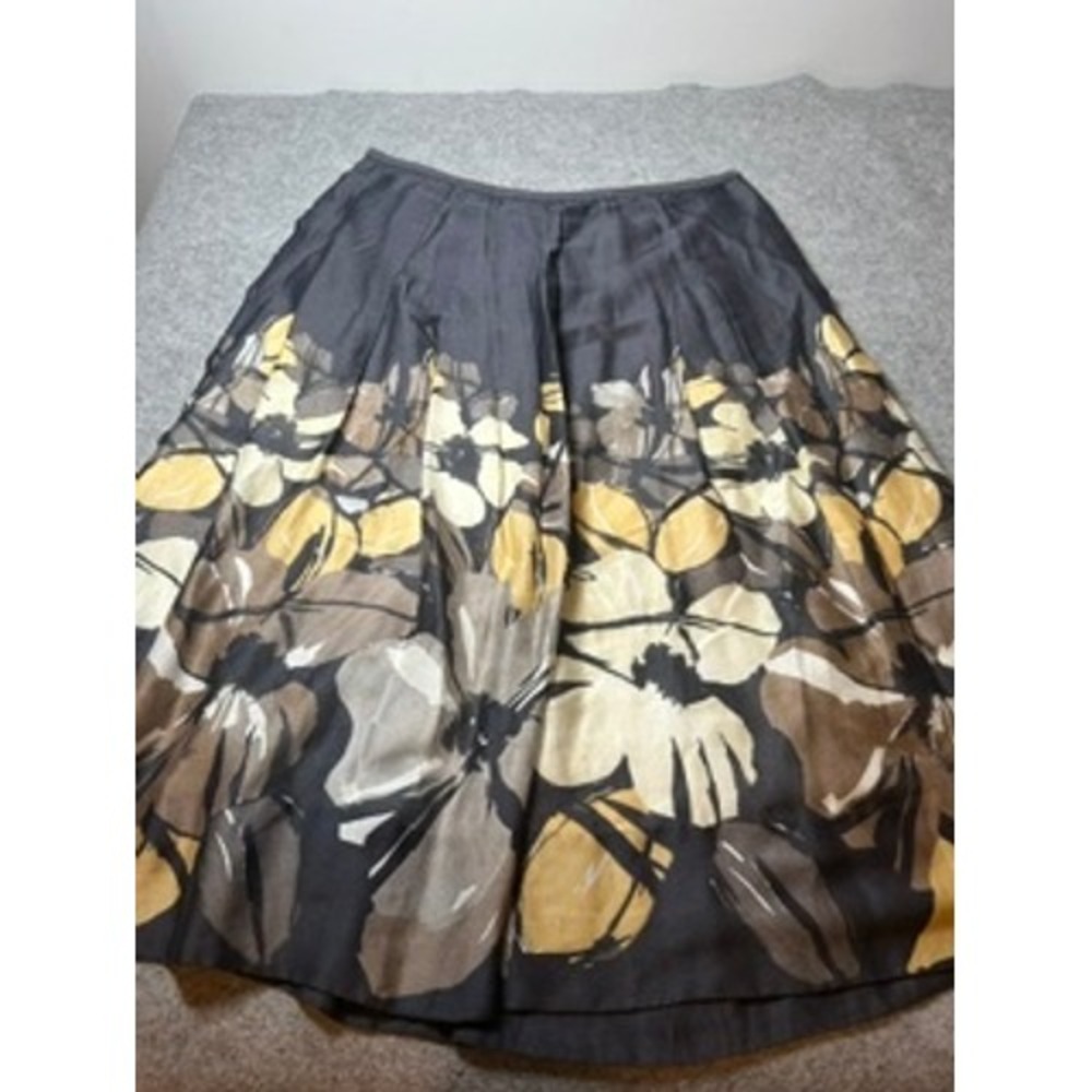 Nic+Zoe Floral A-Line Midi Skirt Size 14 Grey Yellow Tan Pleated Lined BD-0878